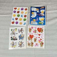 Vintage 80s Hallmark Stickers LOT 4 Sheets Fuzzy Monkeys Angels Bears 1982-84