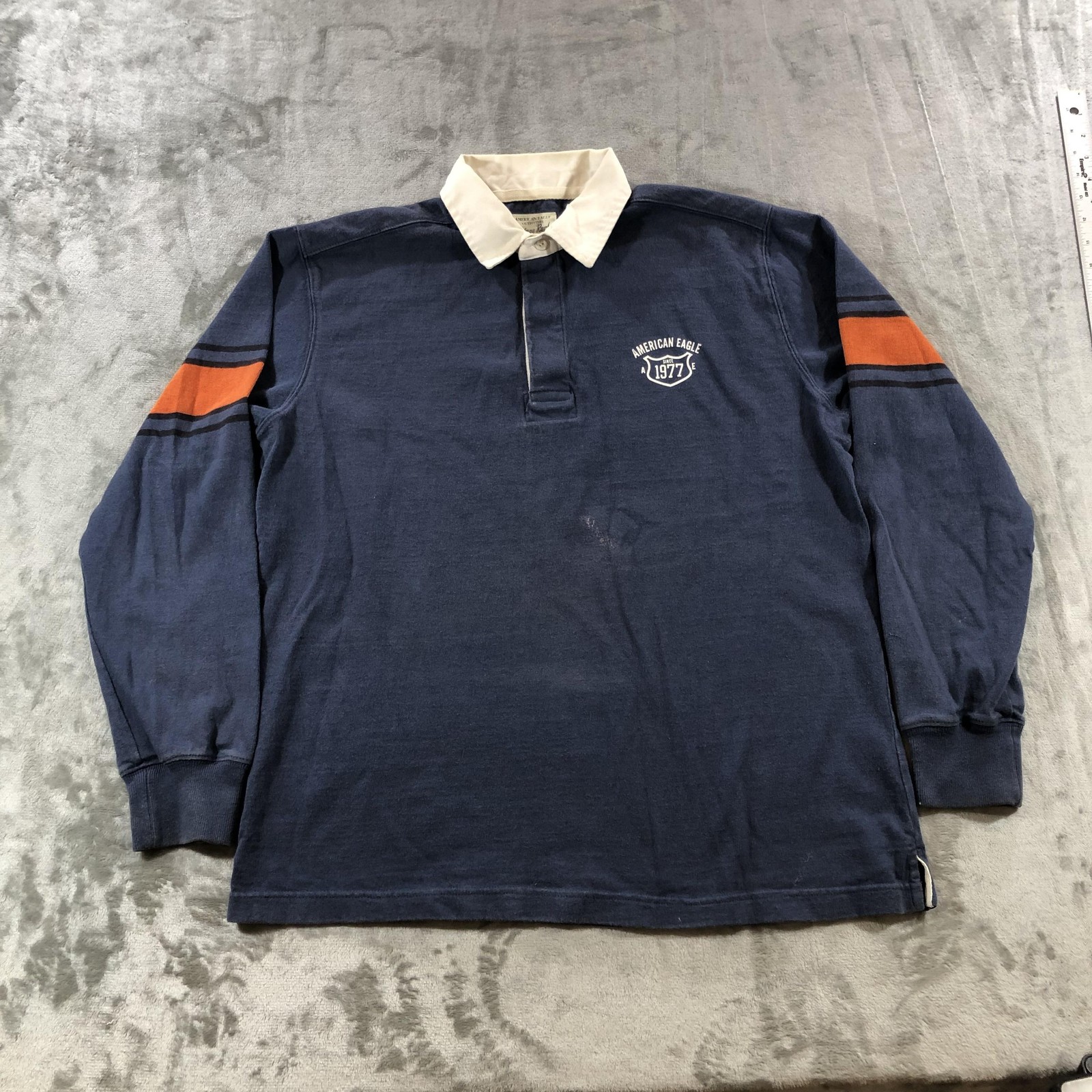 American Eagle Outfitters Vintage Rugby Shirt Mens Medium Blue 1977 Logo