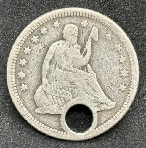 1838-65 -O Seated Liberty Quarter, F Fine Condition, No Motto, Holed