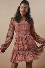 BNWT Oasis Current Orange Paisley Boho Winter Dress Size 18 Petite Knee Length