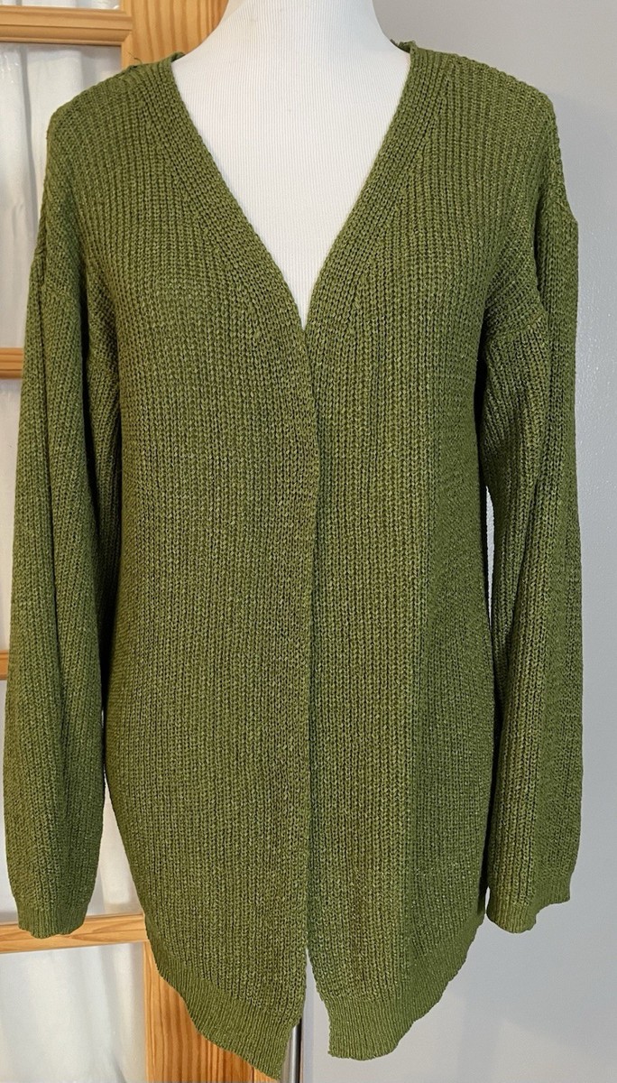 Annabelle Open Front Cardigan Sweater S/M Olive Green Wide Long