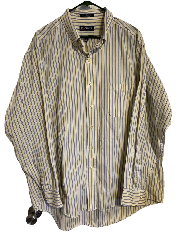 Chaps Shirt Size XL  17-17.5  34-35 Wrinkle Free Twill LS Blue & Yellow Stripe