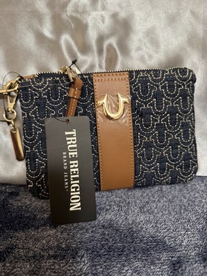 New True Religion Jean Denim Wristlet Purse Buddha Horseshoe Logo Brass Charm Tr