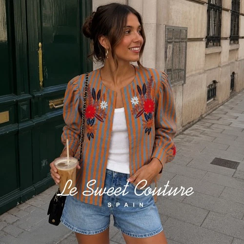 ZARA WOMAN SS26 ORANGE STRIPED FLORAL EMBROIDERY JACKET ALL SIZES 2855/201/615