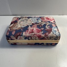 Vintage Fabric Covered Travel Jewelry Hard Case Clam Shell Rings Earrings