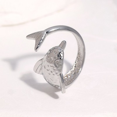 Dolphin Wrap Cuff Ring Silver Tone Fish Open Ring Adjustable for Unisex Jewelry
