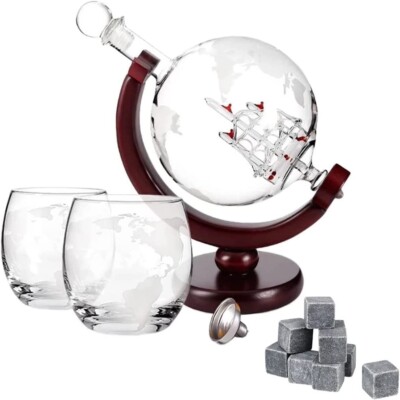 Whisky Dekanter Globus Schiff & Whisky Gläser & Steine NEU Whisky Geschenkset