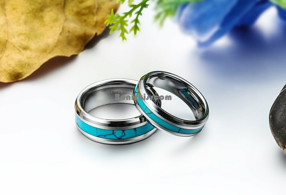 Sterling Silver 8mm Simulated Turquoise Band Ring – For Men & Women, Engagement Or Wedding Band