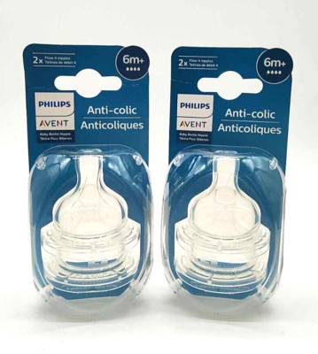Two Packs of 2 Philips AVENT Anti-Colic Fast Flow Nipples 6m+ 4 nipples SEALED