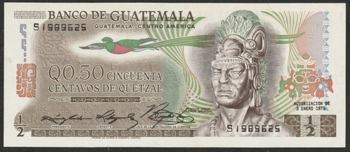 1975 GUATEMALA 1/2 QUETZEL NOTE UNC