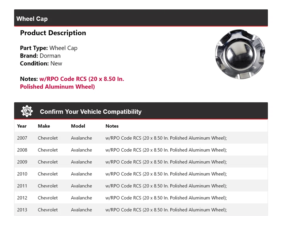 Tapacubos para Chevrolet Avalanche Dorman 2007-2013 2008 2009 2010 2011 2012 Foto 2 de 4