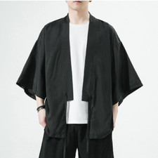 Men Kimono Cardigan Coat Jacket Retro Japanese Yukata Tops Plain Casual Ethnic