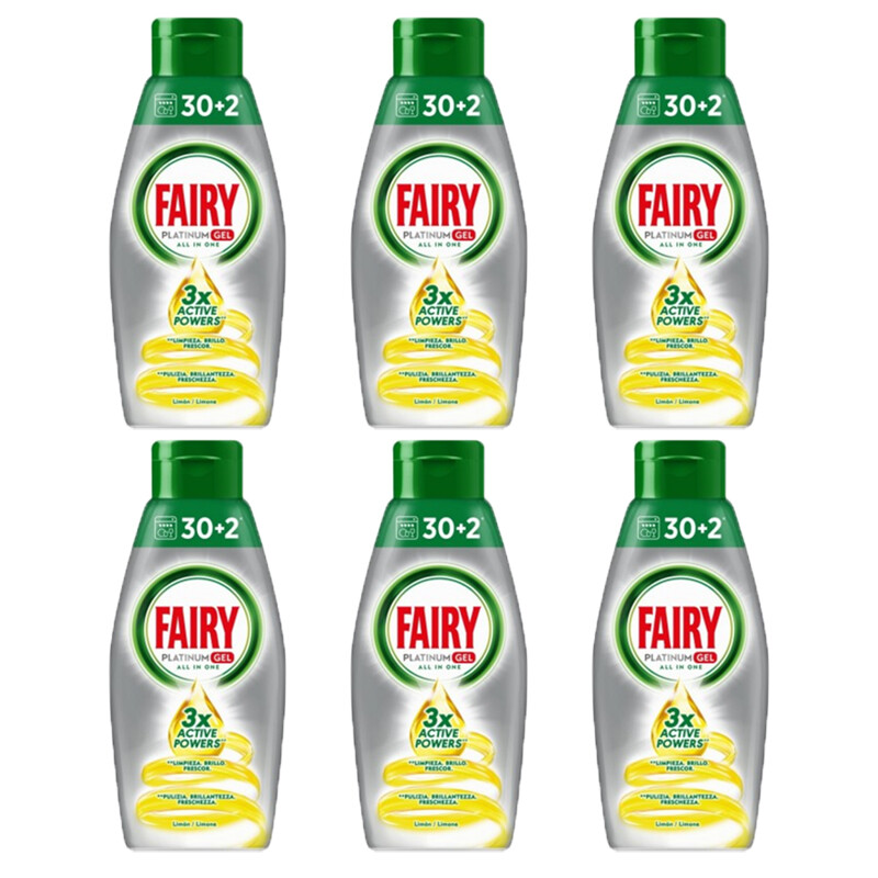 6 pezzi FAIRY PLATINUM GEL detersivo per lavasoviglie all in one limone 650 ml.