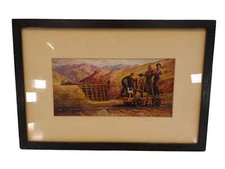 Art Railroad Picture of Men on a Cart Wood Frame with Glass