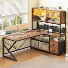 L Shaped Computer Desk with 2 Drawers, LED Lights &Bookshelf, Corner Office Desk