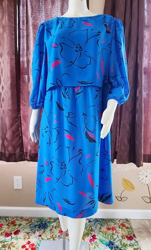 Vintage 70er Jahre Greentree by Walden blau abstrakt Blumenmuster Kleid Damen 18 XL
