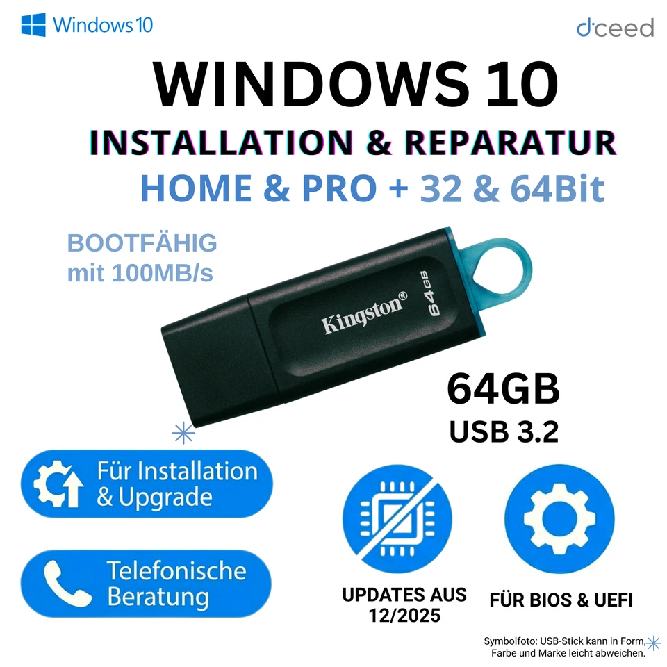Windows 10 Home PRO 64GB Kingston USB 3.2 Reparatur Neuinstallation 32 & 64Bit