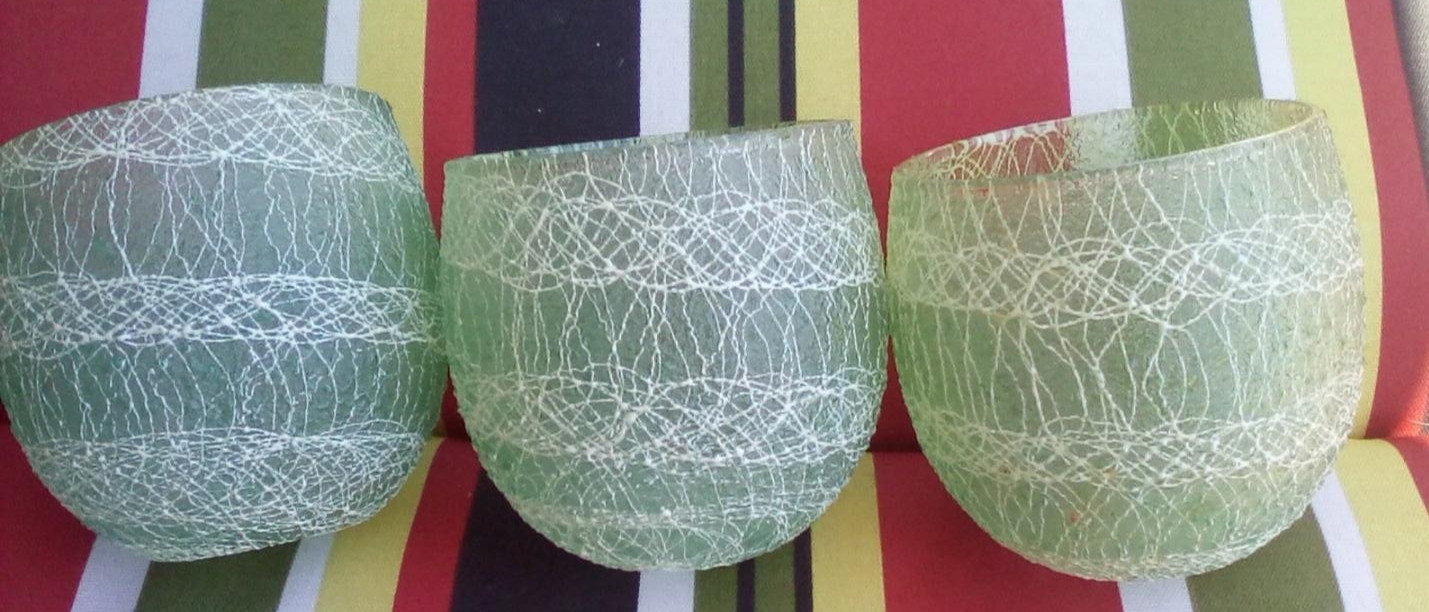 3 Vtg Mcm Green Spaghetti String Roly Poly Glasses