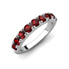 Garnet Round 3.00mm Half Eternity Band Ring With Rhodium Plated