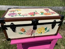 Vintage Steamer Trunk Hand painted Floral Restored In 1970s
