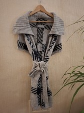 Sisley Grey & Black Long Sleeveless Knitted Cardigan Duster Wool Alpaca One Size