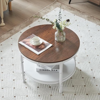 VINGLI 25.6'' Rustic Oak White Round Farmhouse Coffee Table, 2-Tier Storage Wood