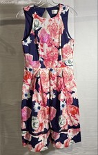 Eliza J Women's Navy Pink Floral Sleeveless Cotton Blend Fit Flare Dress Sz 6