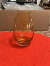 Krosno Amber Vase made in Poland Heavy Base Etched Floral Design 8.5"H