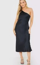 THE STYLE Satin One Shoulder Midi Dress in Black (fmn32-9)