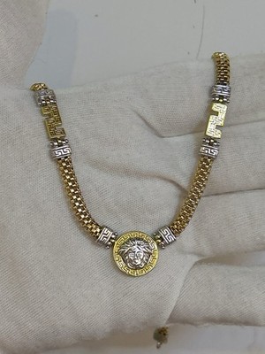 14K Gold Medusa Head Necklace with Greek Key Beads, Two-Tone Heavy Chain