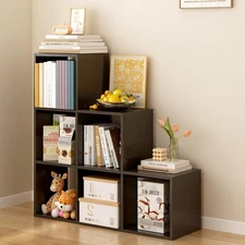 Ladder Cube Storage Bookcase - Wooden L-Shaped 3-Tier Corner Shelf, Reversibl...