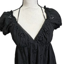 Cotton Candy LA Black Eyelet Babydoll Mini Dress Small Puff Sleeve Open Back Tie