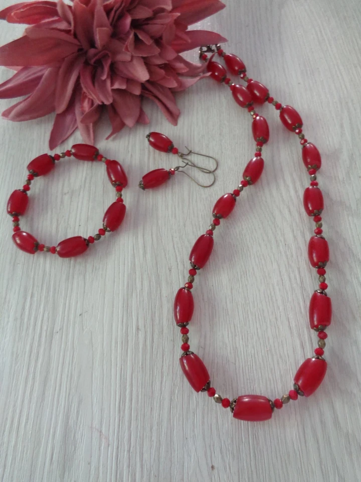 Schmuckset "Afrikanische Perlen" rot-bronze Vintage  UNIKAT