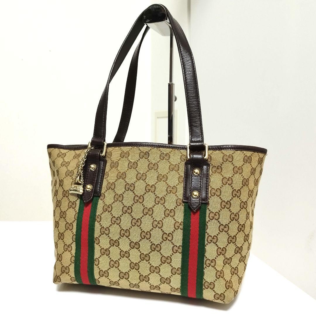 GUCCI Sherry Canvas Tote Bag Brown A4 Shoulder Authentic Excellent Condition