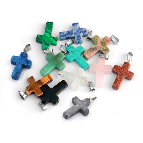 12PCS Natural Stone Cross Pendant, Healing Crystal Quartz Chakra Reiki Gemsto...