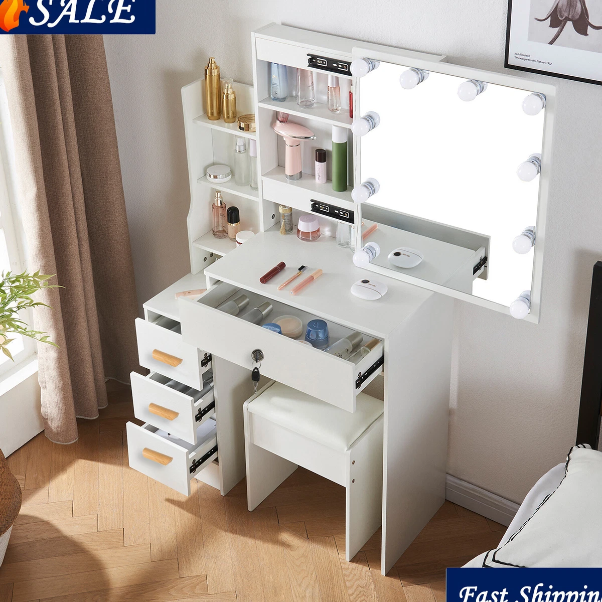 Light bulb mirror desk deals