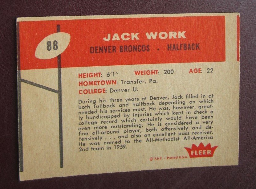 1960 Fleer Jack Work (Denver Broncos) #88 EX | eBay