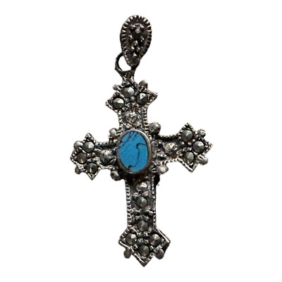 Faux Turquoise Marcasite Cross Pendant Stamped 925 Sterling Unbranded 1.25 Inch