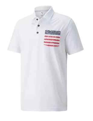Puma Volition Golf Mens Small White PasileyFlag Pocket Polo Shirt Ski Patrol NEW
