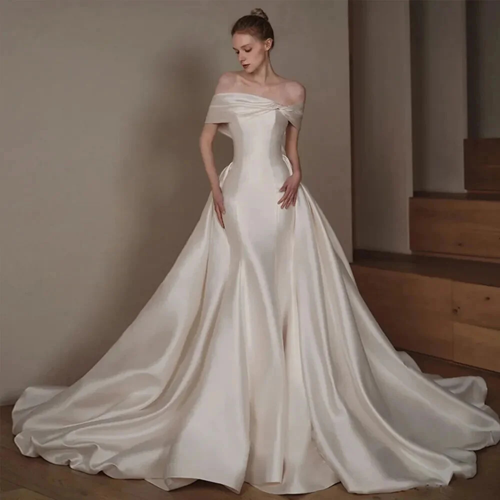 Elegant Satin A-Line Wedding Dresses Boat Neck Sleeveless with Bows Bridal  Gowns | eBay