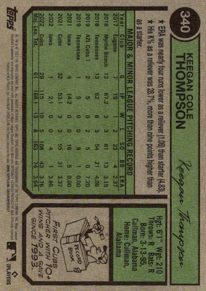 2023 Topps Heritage Keegan Thompson Chicago Cubs #340 - Image 2 of 2