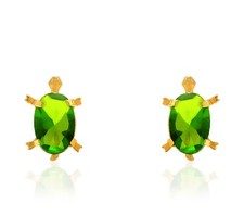 Oval Cut Peridot Turtle 14K Solid Yellow Gold Baby Screwback Kids Stud Earrings