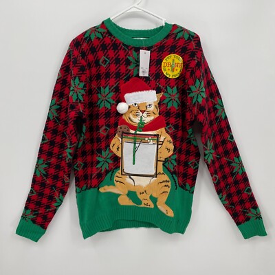 Celebrate Together Men's Ugly Cat Christmas Sweater Drink Pocket