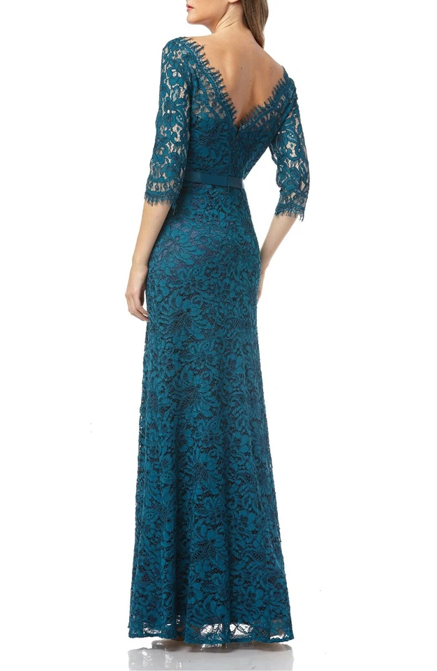 JS COLLECTIONS Turquoise Navy Teal Lace Sheer Sleeve Yoke Mermaid Maxi Gown 14 - Image 2 of 4