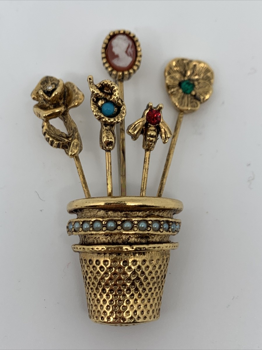 Vintage Jeanne THIMBLE STICK PINS Brooch Pin Gold-Tone | eBay display picture 1