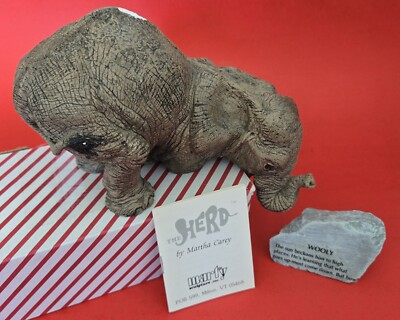 Martha Carey The Herd WOOLY #3102 1987 Elephant Sculpture & Story Stone *FLAWS*
