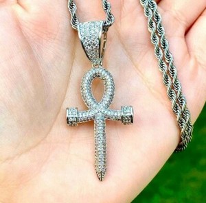Authentic Men's 3.25 CT Ankh Cross Genuine Moissanite Pendant 14K White Gold Plated Silver