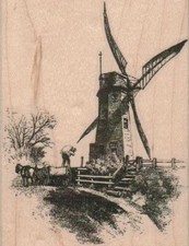 Windmill Scene 3 1/2 x 4 1/2" Rubber Stamp, Structures Stamp, Places Stamp