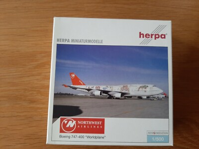 Herpa Wings 504096 Northwest Airlines Boeing 747-400 ''Worldplane'' 1/500 NG