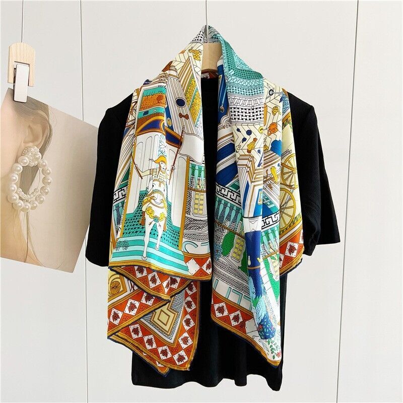 Treasure Print Pure Mulberry Satin Silk Scarf Kerchief Square Shawl 42
